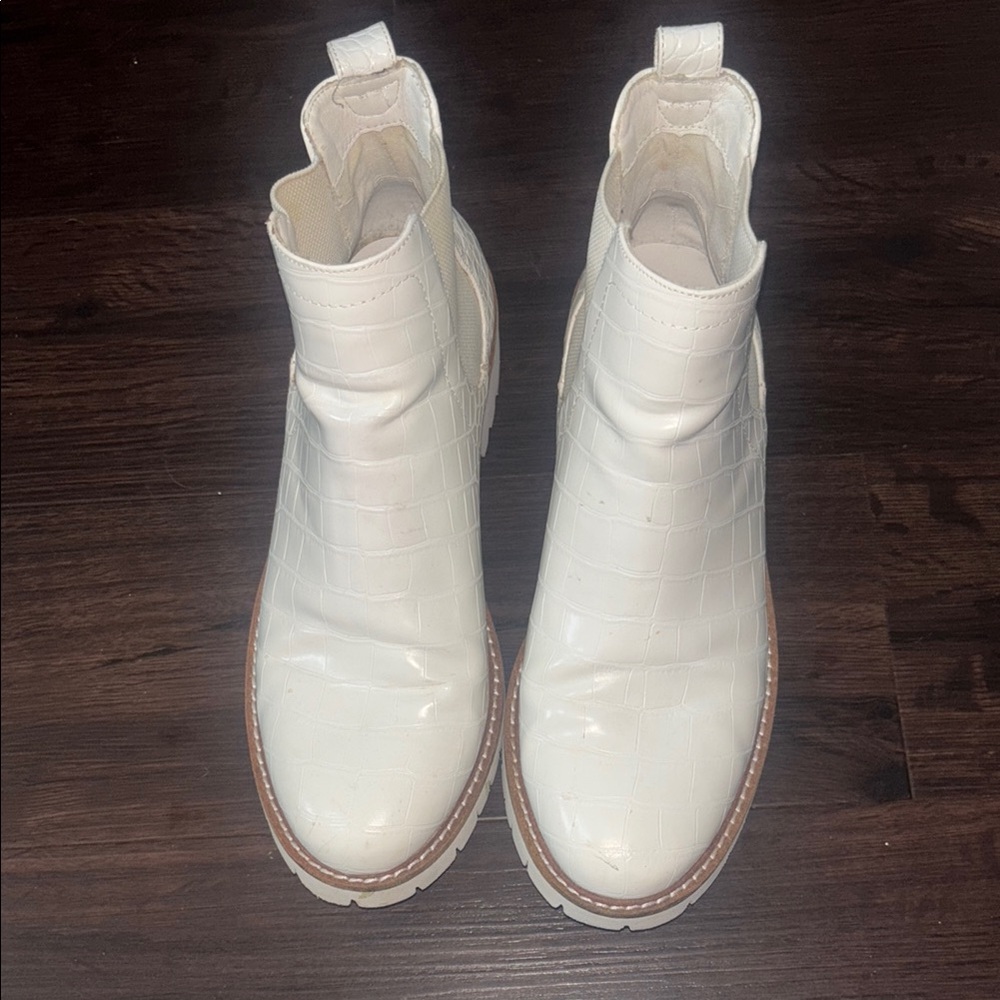 White Croc-Embossed Ankle Boots